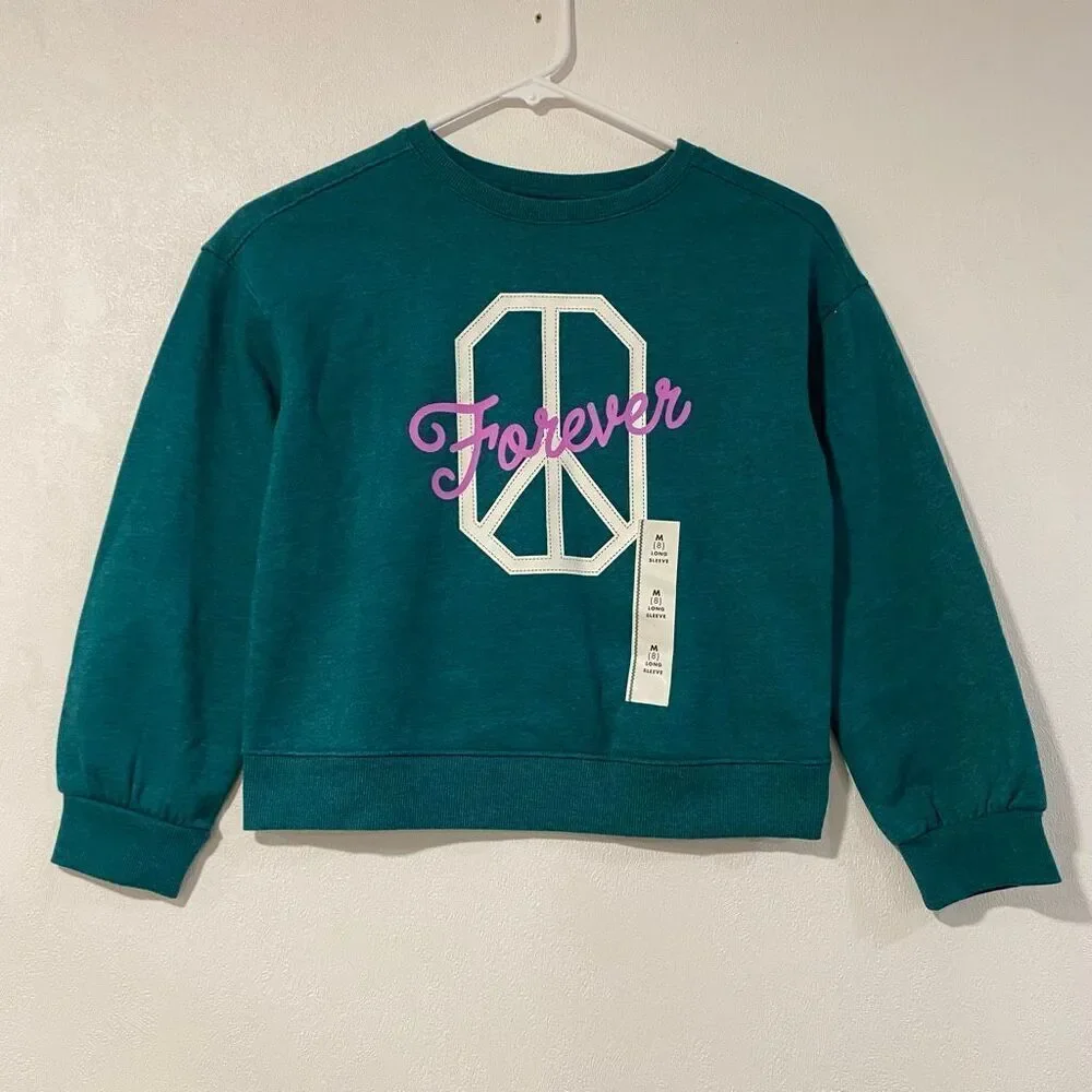 Cat & Jack Peace Sweatshirt Kids M(8) Green Graphic Cozy Crewneck NWT